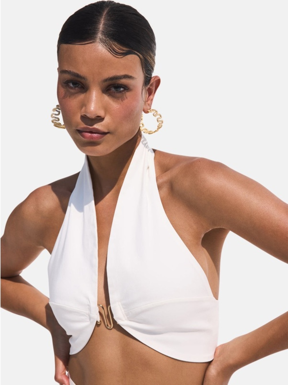 cult gaia White Halter Crop Top with Gold Hardware